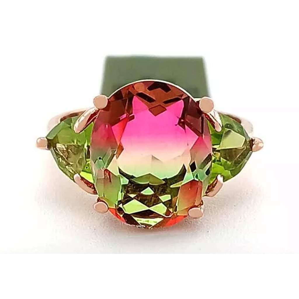 Created 5.05 Cts Tourmaline & Genuine Peridot Ring 10k Rose Gold
